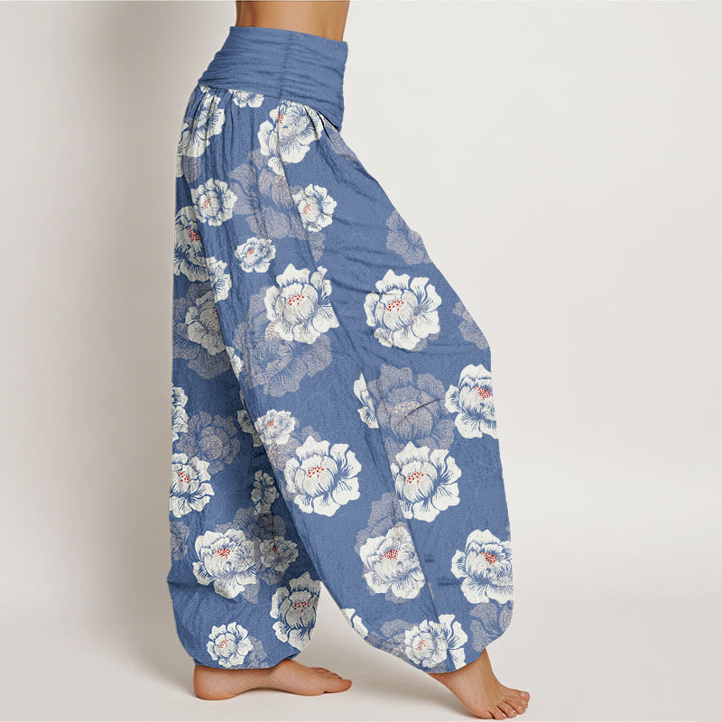 Elegante Haremshose aus Baumwolle mit Buddha Stones, weißem Blumenmuster und elastischem Bund für Damen - image 7
