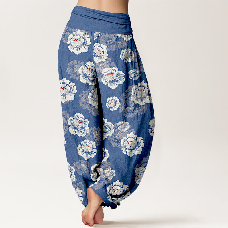 Elegante Haremshose aus Baumwolle mit Buddha Stones, weißem Blumenmuster und elastischem Bund für Damen - image 6