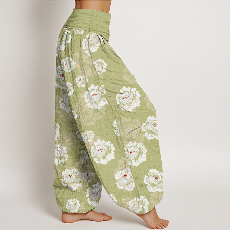 Elegante Haremshose aus Baumwolle mit Buddha Stones, weißem Blumenmuster und elastischem Bund für Damen - image 10