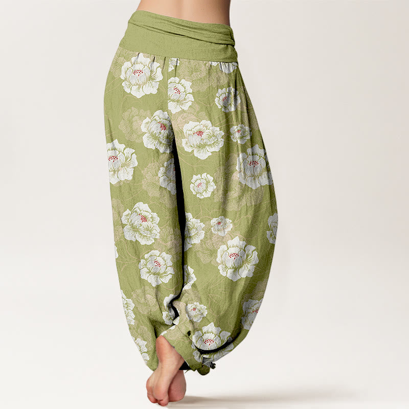 Elegante Haremshose aus Baumwolle mit Buddha Stones, weißem Blumenmuster und elastischem Bund für Damen - image 9