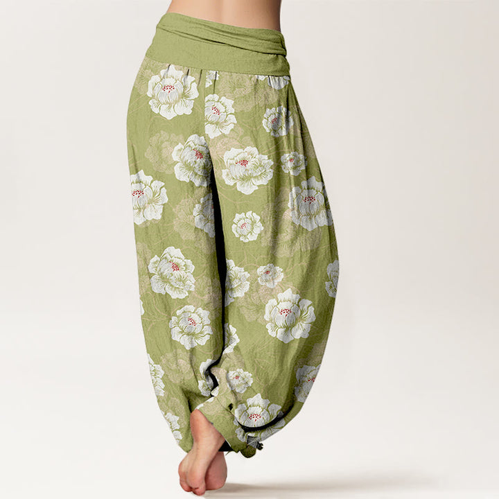 Elegante Haremshose aus Baumwolle mit Buddha Stones, weißem Blumenmuster und elastischem Bund für Damen - image 9