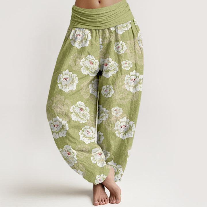 Elegante Haremshose aus Baumwolle mit Buddha Stones, weißem Blumenmuster und elastischem Bund für Damen - Gelbgrün - US16, UK/AU20, EU48 (3XL) - image 8