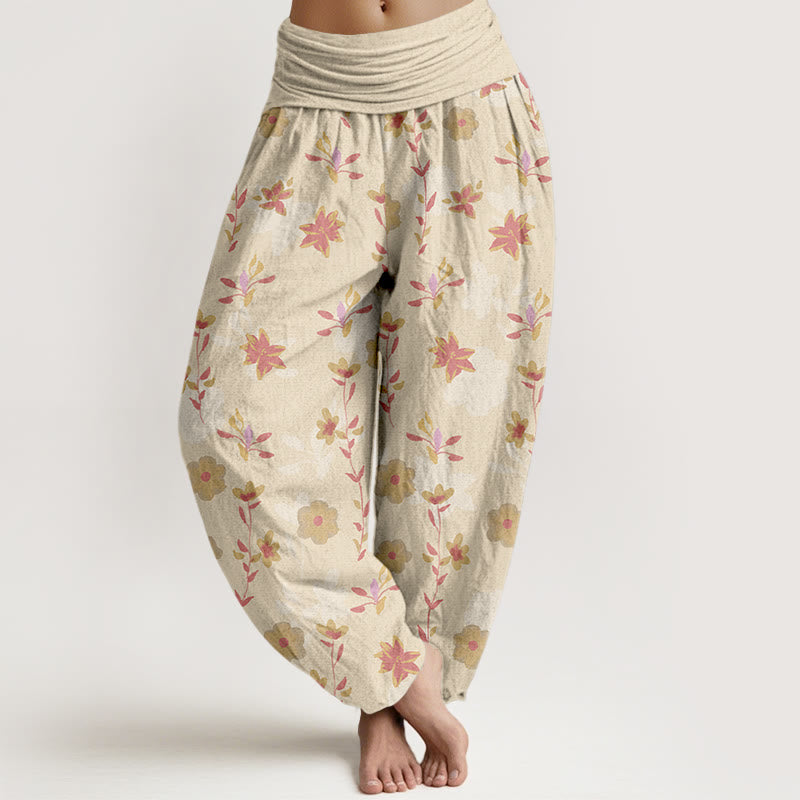 Buddha Stones Baumwoll-Haremshose mit schlichtem, erfrischendem Blumen- und Blättermuster für Damen mit elastischem Bund - Zitronen-Chiffon - US16, UK/AU20, EU48 (3XL) - image 0