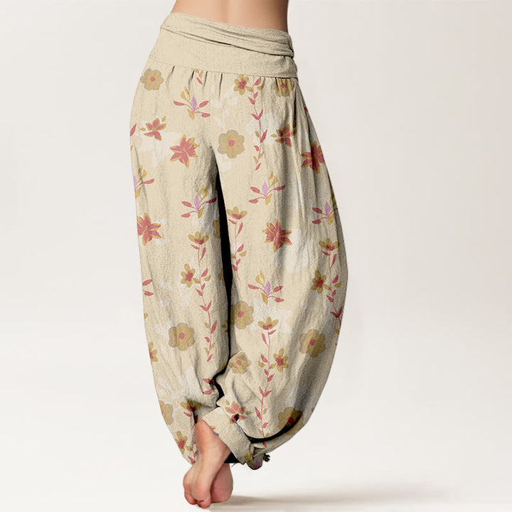 Buddha Stones Baumwoll-Haremshose mit schlichtem, erfrischendem Blumen- und Blättermuster für Damen mit elastischem Bund - image 1