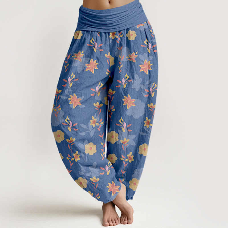 Buddha Stones Baumwoll-Haremshose mit schlichtem, erfrischendem Blumen- und Blättermuster für Damen mit elastischem Bund - SteelBlue - US16, UK/AU20, EU48 (3XL) - image 5