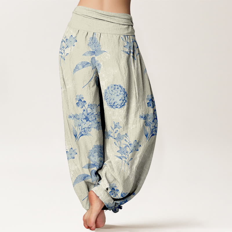 Buddha Stones Cotton Refresh Haremshose mit Hortensienblütenmuster und elastischem Bund für Damen - image 1