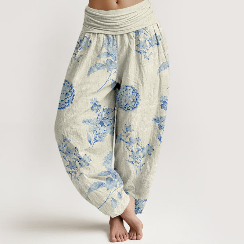 Buddha Stones Cotton Refresh Haremshose mit Hortensienblütenmuster und elastischem Bund für Damen - Beige - US16, UK/AU20, EU48 (3XL) - image 0