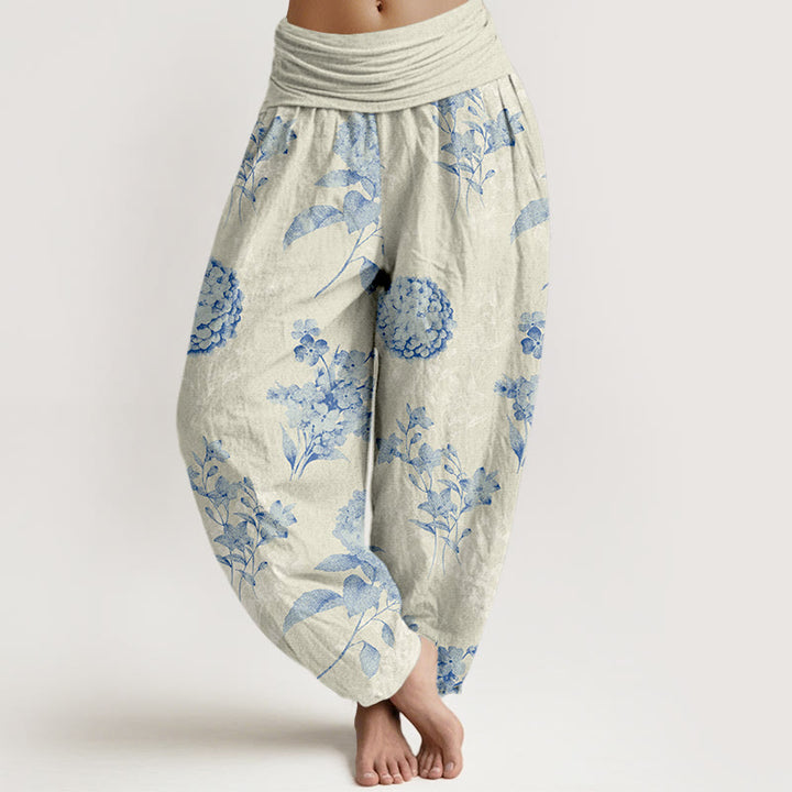 Buddha Stones Cotton Refresh Haremshose mit Hortensienblütenmuster und elastischem Bund für Damen - Beige - US16, UK/AU20, EU48 (3XL) - image 0