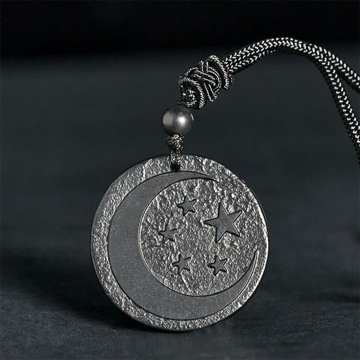 Buddha Stones -Mond-Stern-Runddesign-Anhänger aus authentischem Schungit zum Schutz der Halskette - Schungitstein (Schutz ♥ Erdung) - 35-40 mm - image 0