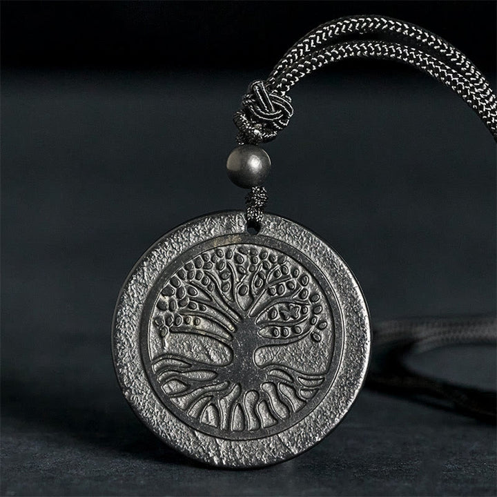 Buddha Stones ​​– Lebensbaum-Schnitzmuster – Authentischer Schungit-Schutzstein-Halskettenanhänger - Der Baum des Lebens (Erleuchtung ♥ Verbindung) - 35-40 mm - image 0