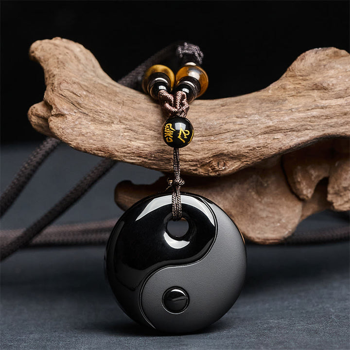 Buddha Stones ​​Yin-Yang-Symbol Om Mani Padme Hum Schwarze Obsidian-Halskette mit Anhänger - Schwarzer Obsidian (Anhängergröße: 37 x 8 mm) - image 0