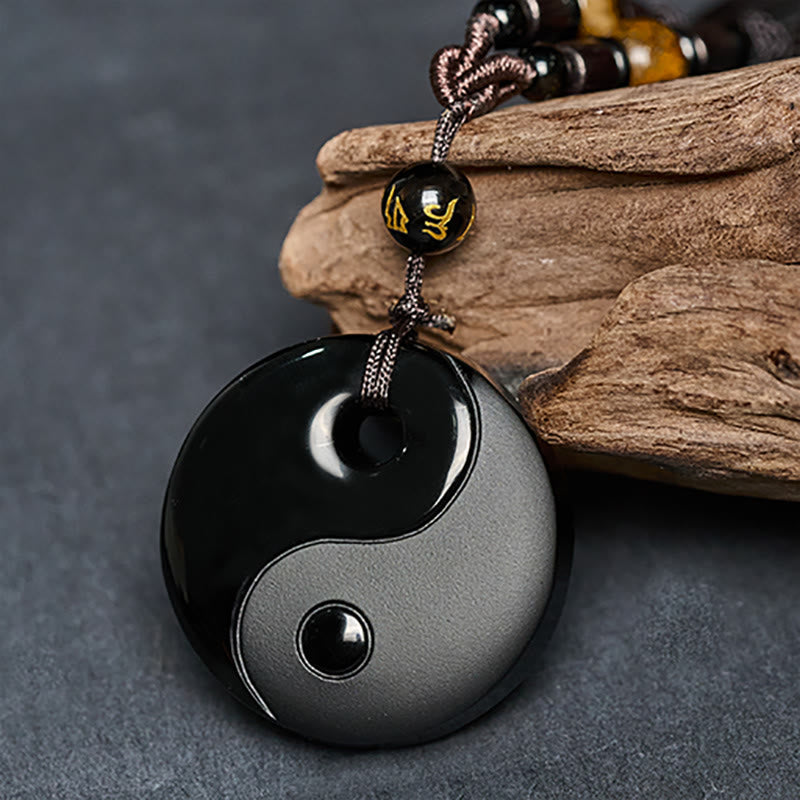 Buddha Stones ​​Yin-Yang-Symbol Om Mani Padme Hum Schwarze Obsidian-Halskette mit Anhänger - image 3