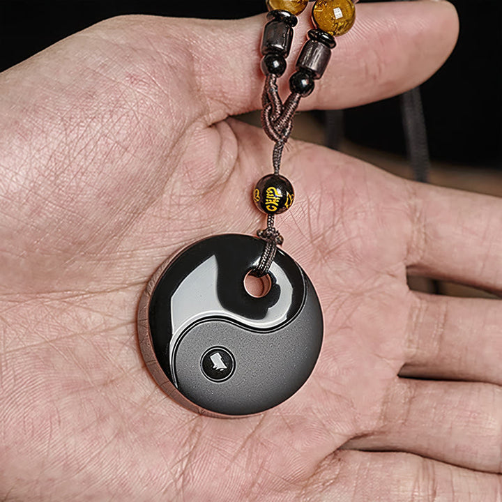 Buddha Stones ​​Yin-Yang-Symbol Om Mani Padme Hum Schwarze Obsidian-Halskette mit Anhänger - image 5