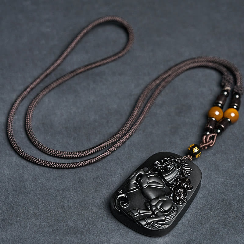 Buddha Stones ​​Jahr des Pferdes Affenmuster Om Mani Padme Hum Schwarze Obsidian-Halskette mit Anhänger - image 6