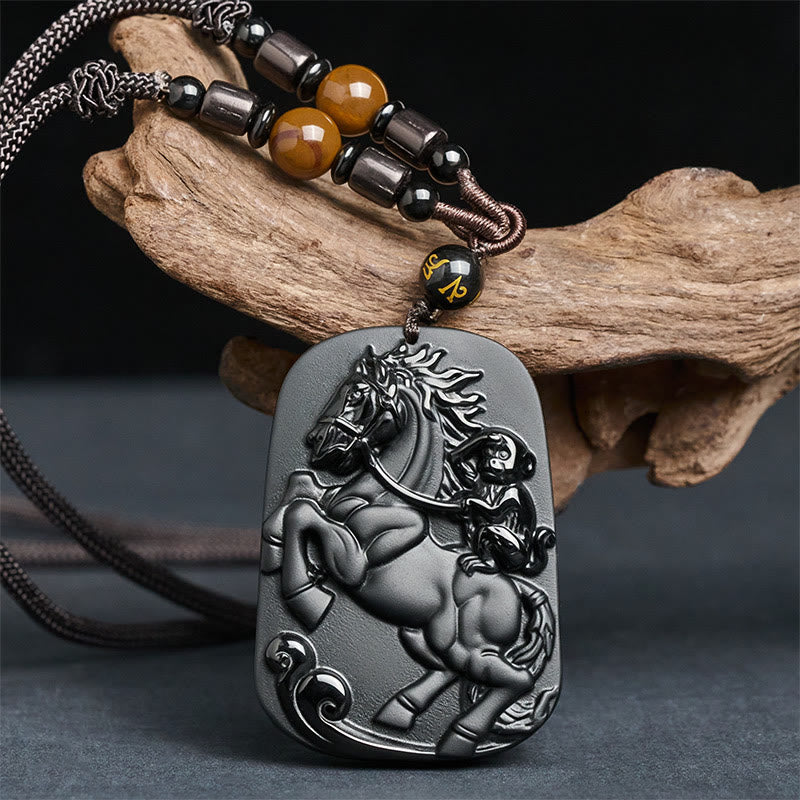 Buddha Stones ​​Jahr des Pferdes Affenmuster Om Mani Padme Hum Schwarze Obsidian-Halskette mit Anhänger - image 1