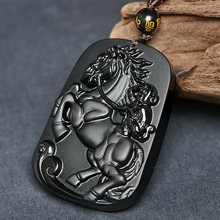 Buddha Stones ​​Jahr des Pferdes Affenmuster Om Mani Padme Hum Schwarze Obsidian-Halskette mit Anhänger - image 3
