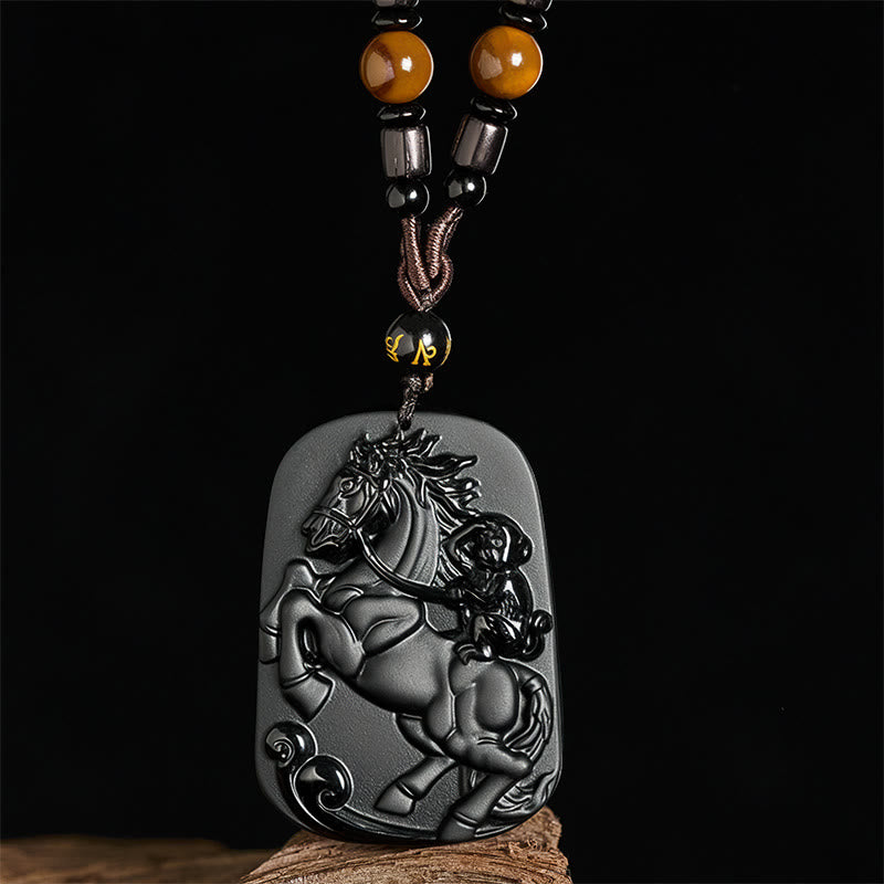 Buddha Stones ​​Jahr des Pferdes Affenmuster Om Mani Padme Hum Schwarze Obsidian-Halskette mit Anhänger - image 2