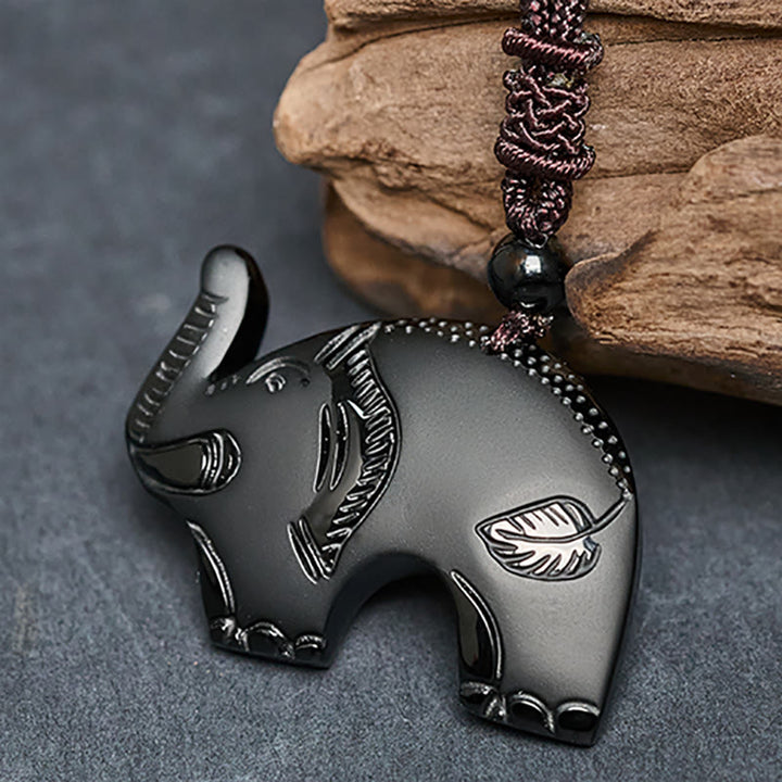 Buddha Stones Elefanten-Symbol, geschnitztes Design, schwarzer Obsidian-Anhänger - image 3