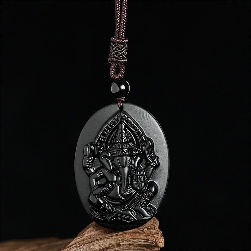 Buddha Stones Ganesh-Elefanten-Relief-Design-Halskette-Anhänger aus natürlichem schwarzem Obsidian - image 2