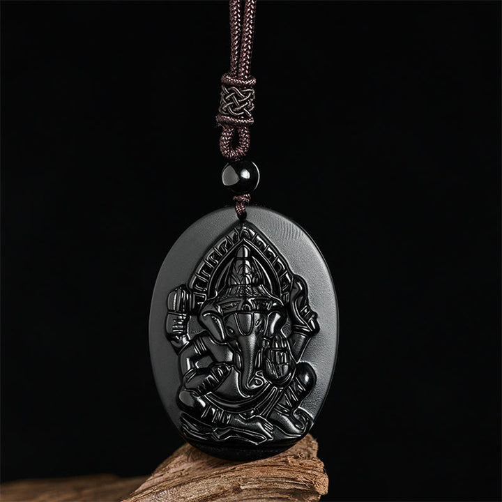 Buddha Stones Ganesh-Elefanten-Relief-Design-Halskette-Anhänger aus natürlichem schwarzem Obsidian - image 2