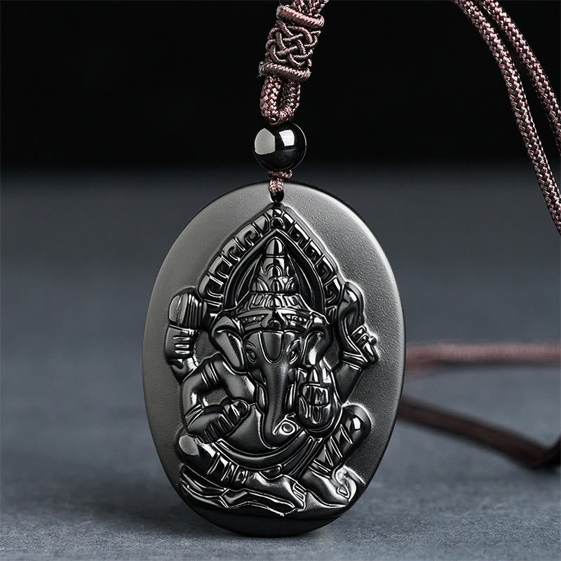 Buddha Stones Ganesh-Elefanten-Relief-Design-Halskette-Anhänger aus natürlichem schwarzem Obsidian - Schwarzer Obsidian (Anhängergröße: 53 x 39 mm) - image 0