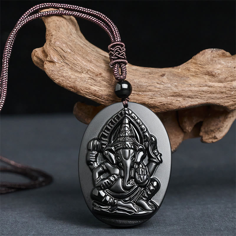 Buddha Stones Ganesh-Elefanten-Relief-Design-Halskette-Anhänger aus natürlichem schwarzem Obsidian - image 1