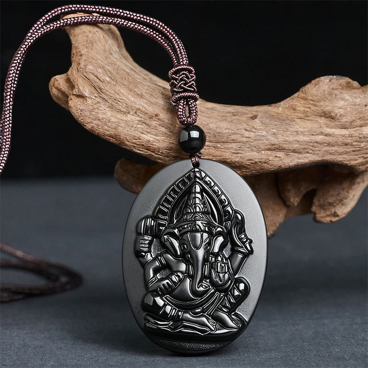 Buddha Stones Ganesh-Elefanten-Relief-Design-Halskette-Anhänger aus natürlichem schwarzem Obsidian - image 1