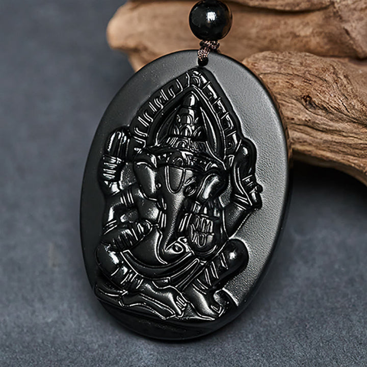 Buddha Stones Ganesh-Elefanten-Relief-Design-Halskette-Anhänger aus natürlichem schwarzem Obsidian - image 3