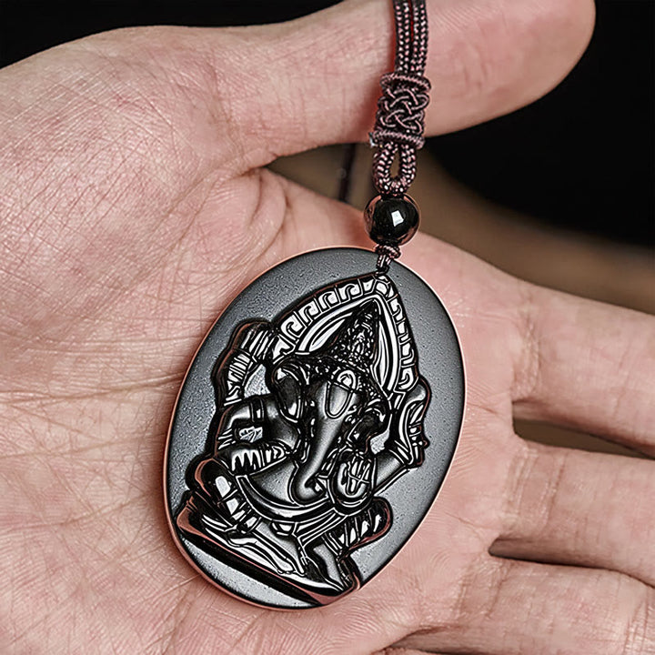 Buddha Stones Ganesh-Elefanten-Relief-Design-Halskette-Anhänger aus natürlichem schwarzem Obsidian - image 7