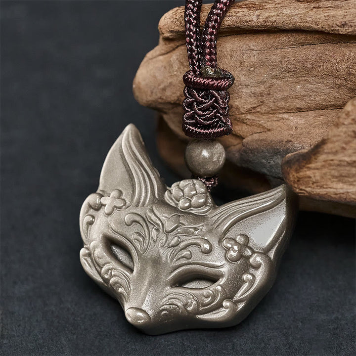 Buddha Stones -Relief-Fuchs-Design Silberglänzender Obsidian-Eis-Obsidian-Schutz-Halskette-Anhänger - Obsidian mit Silberglanz (Anhängergröße: 29 x 31 mm) - image 0