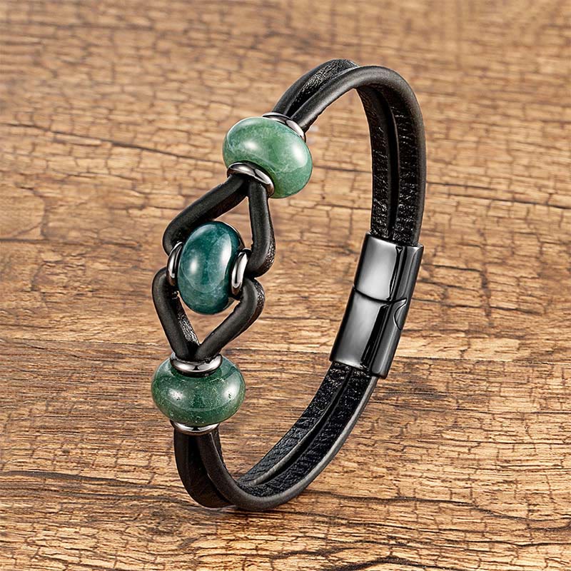 Buddha Stones, Amethyst-Kristallstein, doppeltes Lederarmband, lindert Stress - Moosachat - 18-22 cm - image 13