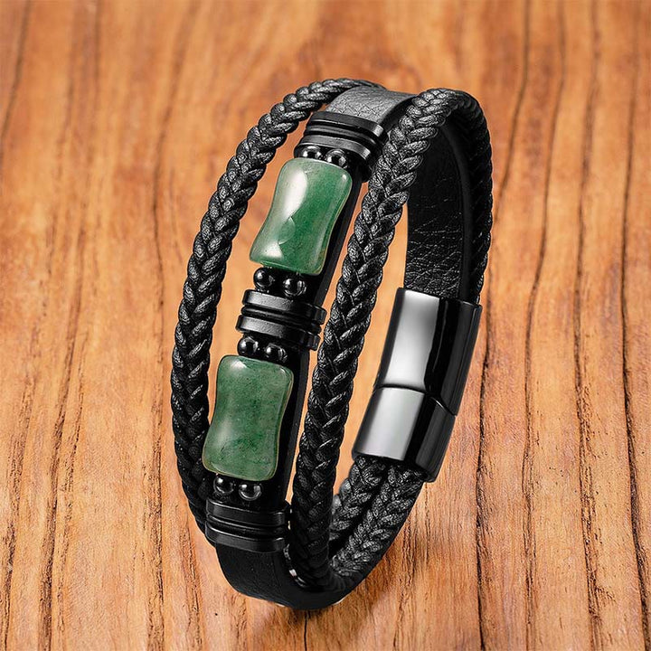 Buddha Stones ​​– Armband aus grünem Aventurin, Amethyst, schwarzem Onyx und rosa Kristallen – Symbol für positive Energie – Geflochtenes Leder - Grüner Aventurin - 18-22 cm - image 0