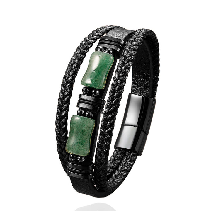 Buddha Stones ​​– Armband aus grünem Aventurin, Amethyst, schwarzem Onyx und rosa Kristallen – Symbol für positive Energie – Geflochtenes Leder - image 1