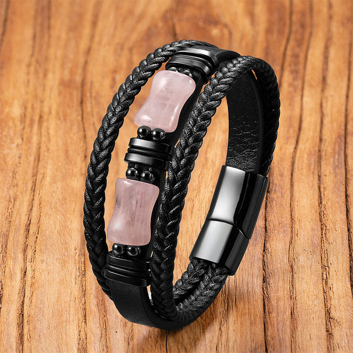 Buddha Stones ​​– Armband aus grünem Aventurin, Amethyst, schwarzem Onyx und rosa Kristallen – Symbol für positive Energie – Geflochtenes Leder - Rosa Kristall - 18-22 cm - image 8