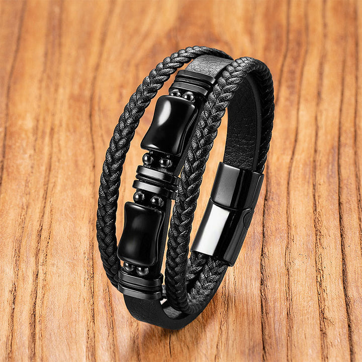 Buddha Stones ​​– Armband aus grünem Aventurin, Amethyst, schwarzem Onyx und rosa Kristallen – Symbol für positive Energie – Geflochtenes Leder - Schwarzer Onyx - 18-22 cm - image 6