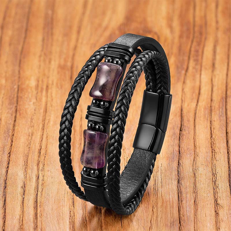 Buddha Stones ​​– Armband aus grünem Aventurin, Amethyst, schwarzem Onyx und rosa Kristallen – Symbol für positive Energie – Geflochtenes Leder - Amethyst - 18-22 cm - image 4