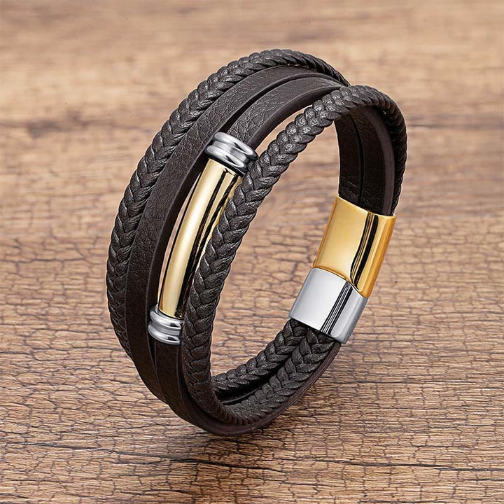Buddha Stones ​​Mehrschichtiges, schlichtes Design Leder Titanstahl Balance-Armband - Gold & Silber - 18-22 cm - image 8