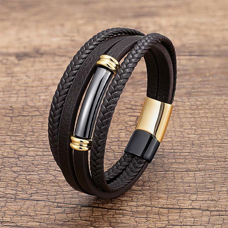 Buddha Stones ​​Mehrschichtiges, schlichtes Design Leder Titanstahl Balance-Armband - Schwarz & Gold - 18-22 cm - image 6