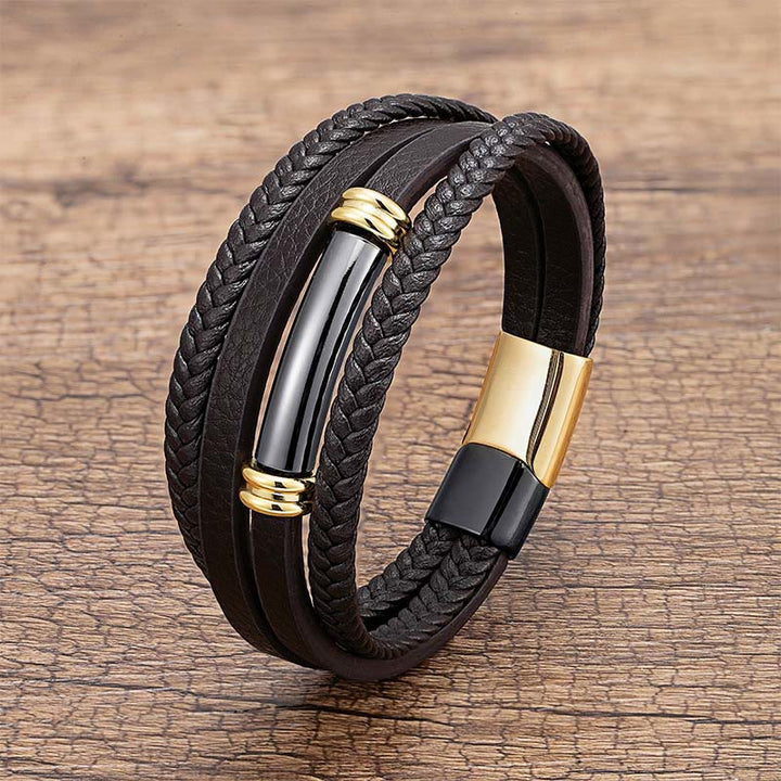 Buddha Stones ​​Mehrschichtiges, schlichtes Design Leder Titanstahl Balance-Armband - Schwarz & Gold - 18-22 cm - image 6