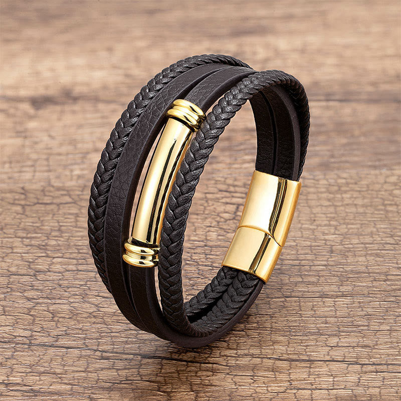 Buddha Stones ​​Mehrschichtiges, schlichtes Design Leder Titanstahl Balance-Armband - Gold - 18-22 cm - image 4