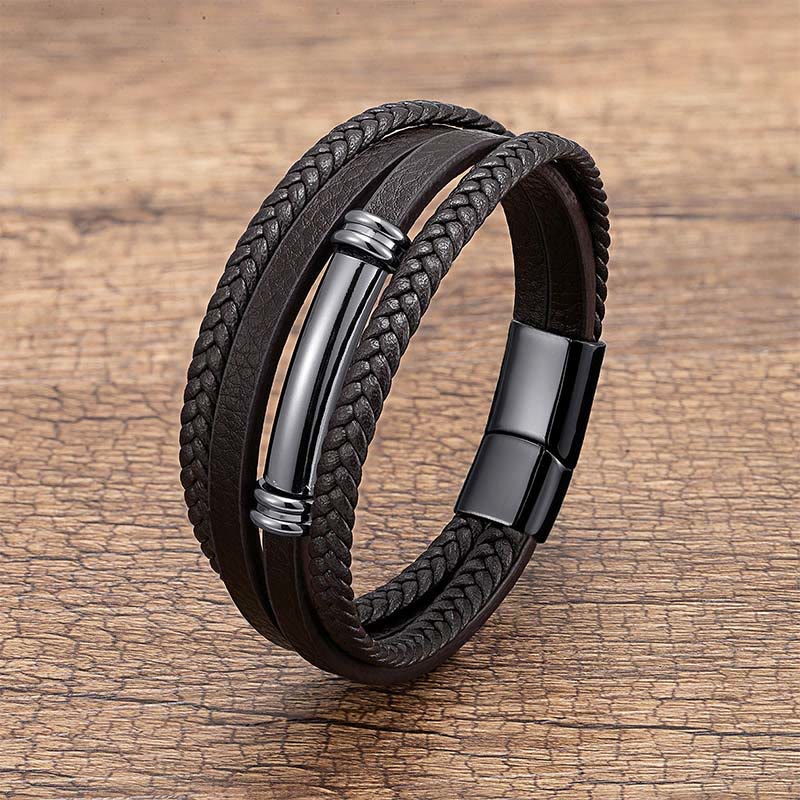 Buddha Stones ​​Mehrschichtiges, schlichtes Design Leder Titanstahl Balance-Armband - Schwarz - 18-22 cm - image 0