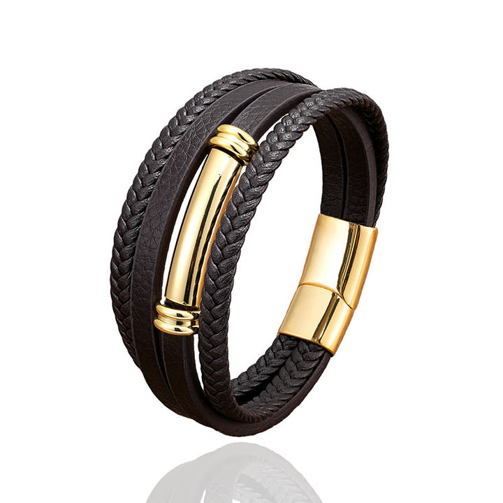 Buddha Stones ​​Mehrschichtiges, schlichtes Design Leder Titanstahl Balance-Armband - image 5