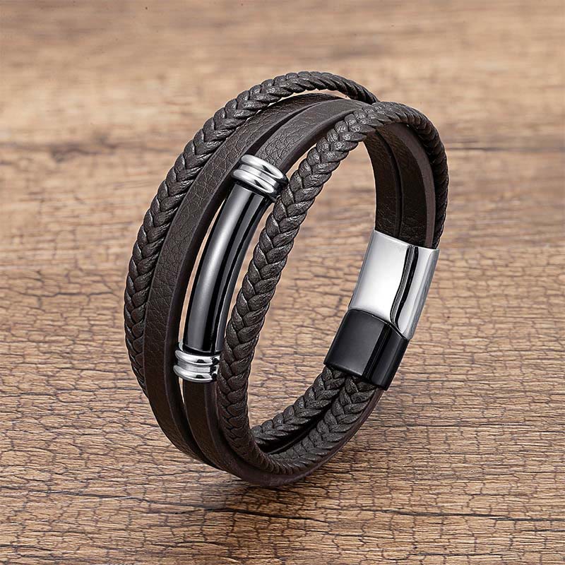Buddha Stones ​​Mehrschichtiges, schlichtes Design Leder Titanstahl Balance-Armband - Schwarz & Silber - 18-22 cm - image 9