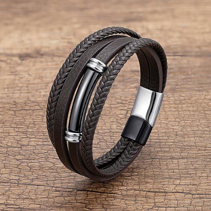 Buddha Stones ​​Mehrschichtiges, schlichtes Design Leder Titanstahl Balance-Armband - Schwarz & Silber - 18-22 cm - image 9