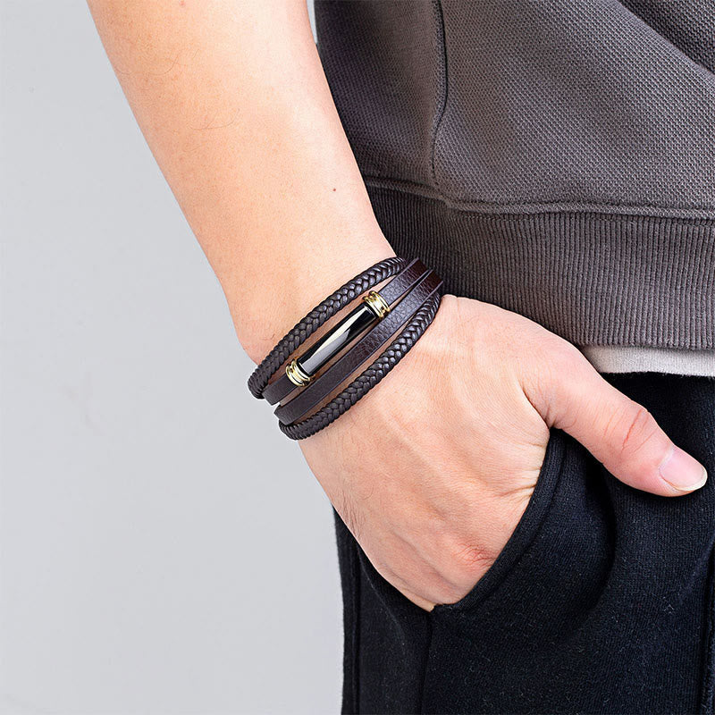 Buddha Stones ​​Mehrschichtiges, schlichtes Design Leder Titanstahl Balance-Armband - image 7