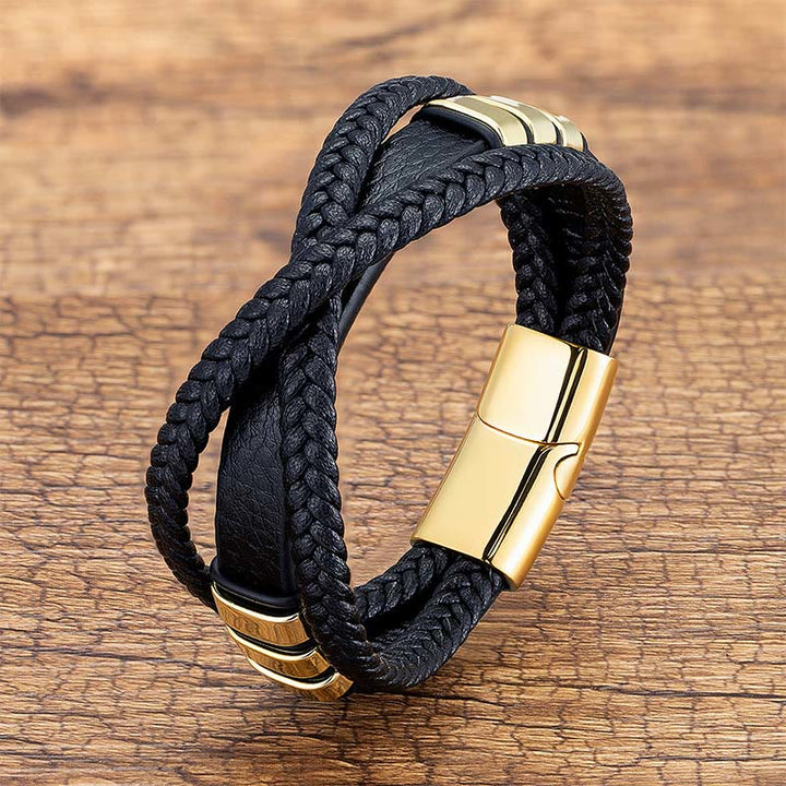 Buddha Stones , mehrlagiges, kreuzgewebtes Design, Leder, Titanstahl-Balance-Armband - Gold - 18-22 cm - image 5