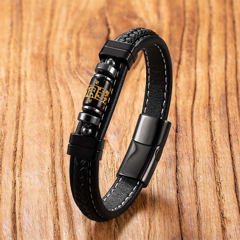 Buddha Stones ​​Om Mani Padme Hum Drachensymbol Schwarzes Onyx Leder Titanstahl Balance Protection Armband - Mantra aus schwarzem Onyx - 18-22 cm - image 12