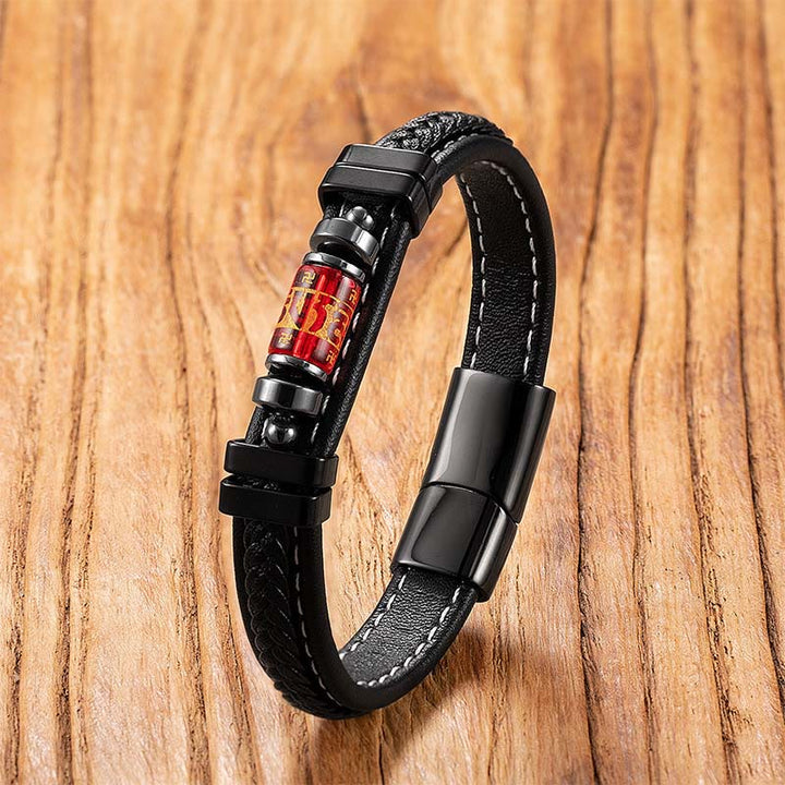 Buddha Stones ​​Om Mani Padme Hum Drachensymbol Schwarzes Onyx Leder Titanstahl Balance Protection Armband - Rotes Liuli-Mantra - 18-22 cm - image 9