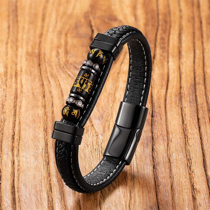 Buddha Stones ​​Om Mani Padme Hum Drachensymbol Schwarzes Onyx Leder Titanstahl Balance Protection Armband - Schwarzer Onyx Om Mani Padme Hum, - 18-22 cm - image 0