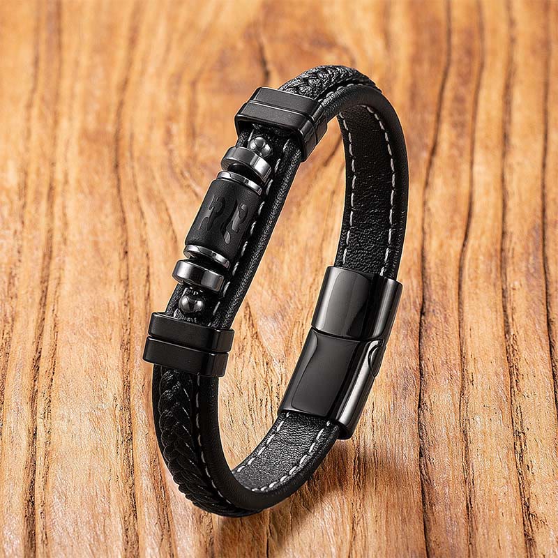 Buddha Stones ​​Om Mani Padme Hum Drachensymbol Schwarzes Onyx Leder Titanstahl Balance Protection Armband - Matte Black Liuli - 18-22 cm - image 10